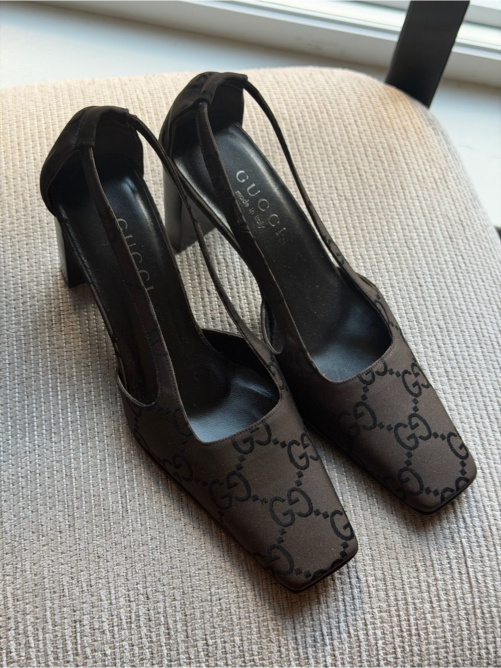 Gucci Black & Brown Monogram Slingback Block Heels